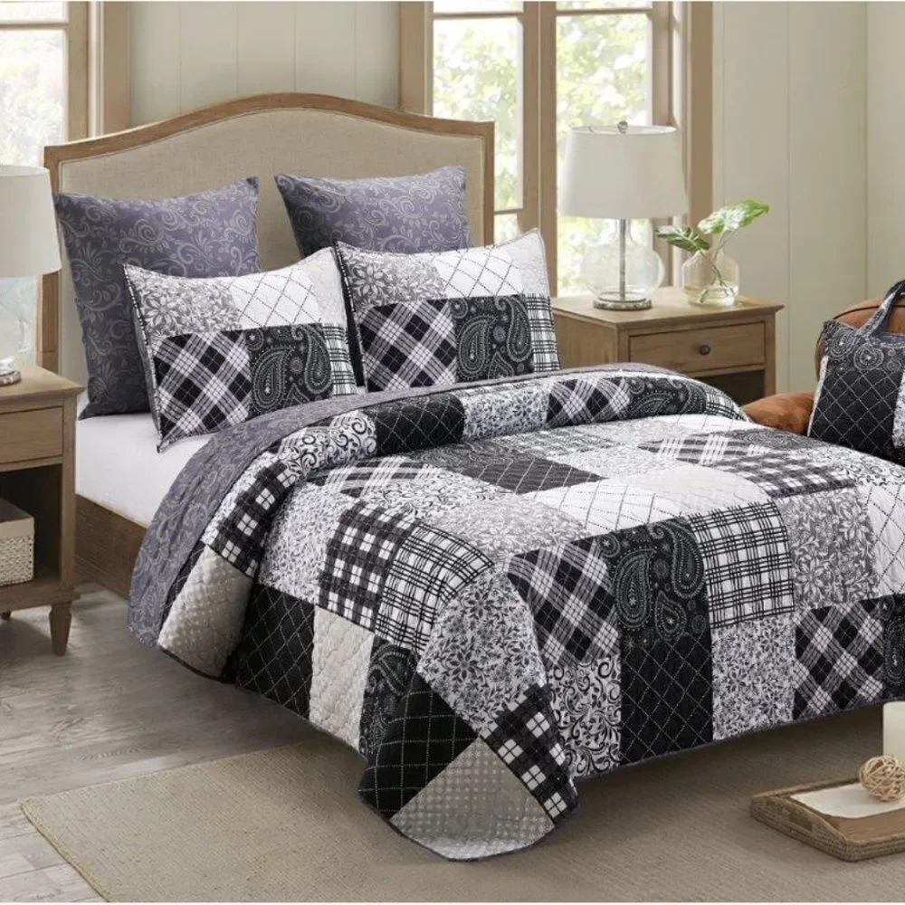 Farmhouse Black and White Reversible Patchwork King Quilt Set Matching Tote Bag